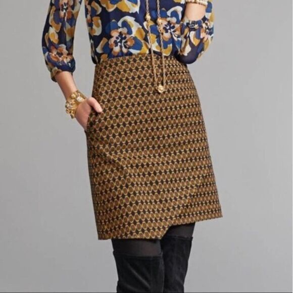 CAbi Kensington Proper Standout Mustard Navy Skirt - Picture 1 of 8